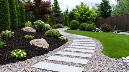 Curving stone path in landscaped garden