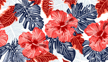 Hawaiian style tribal tattoo background, vector illustration, tropical leaves and hibiscus flowers, seamless pattern, abstract floral ornament, jungle foliage, exotic nature design, Polynesian motif © aura studio