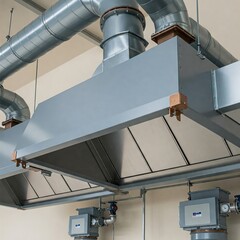Naklejka premium Close-up of fume hoods and air extraction system at a hazardous industrial facility, taken immediately after installation. Plenty of space for text, perfect for banner ads and UI/UX design.
