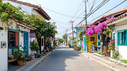 Colorful Houses on Cobblestone Street in Tropical Town
