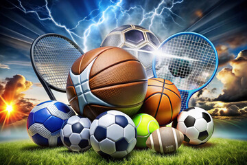 Sports balls on grass, dramatic sky, lightning