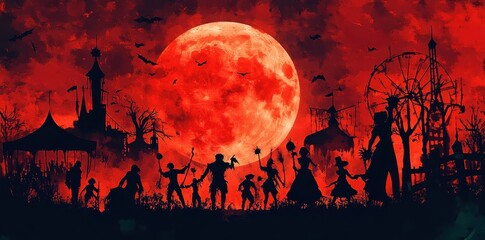 Spooky halloween celebration with ominous red moon over carnival