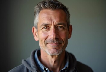 Fototapeta premium A mature man with gray hair, resident of USA, smiles gently. The warm lighting creates a cozy atmosphere. Calm, confident look. Experience, professionalism and intelligence in the eyes. Generative AI