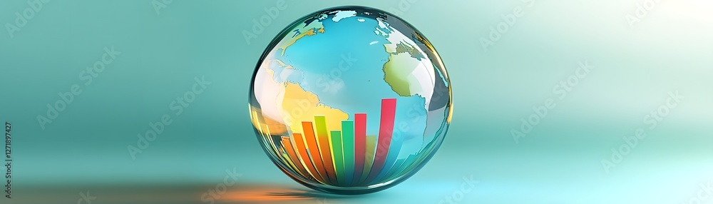 Poster a clear sphere representing global connectivity and data visualization, featuring colorful bar graph