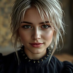 Smiling woman with blonde hair and green eyes, wearing a black dress with small spikes on the collar.