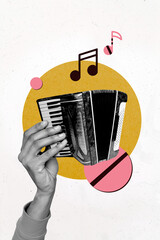 Art image vertical photo collage of hand play accordion music instrument push piano keypad melody...