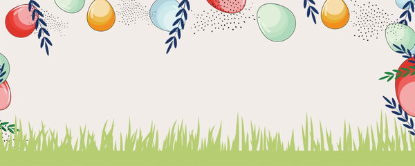Horizontal banner with colorful Easter eggs on top and grass at the bottom, perfect for spring