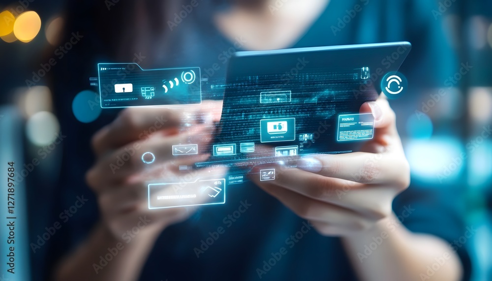 Poster a close-up of a person interacting with a futuristic smartphone display
