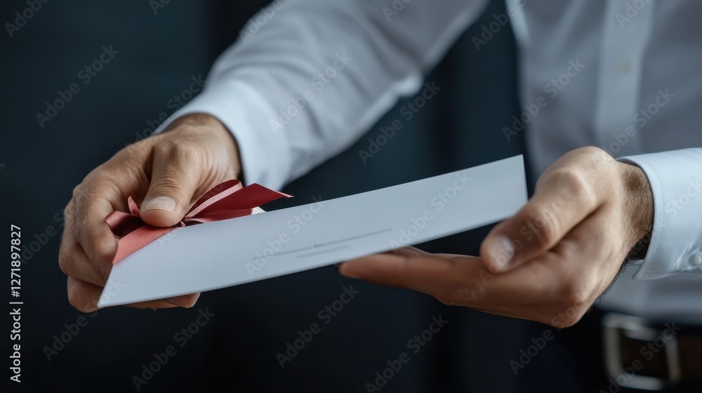 Poster a man is holding a piece of paper with a red ribbon on it