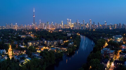 Fototapeta premium Night City Skyline with River and Lights