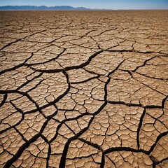 A desert cracked with deep fissures from drought.