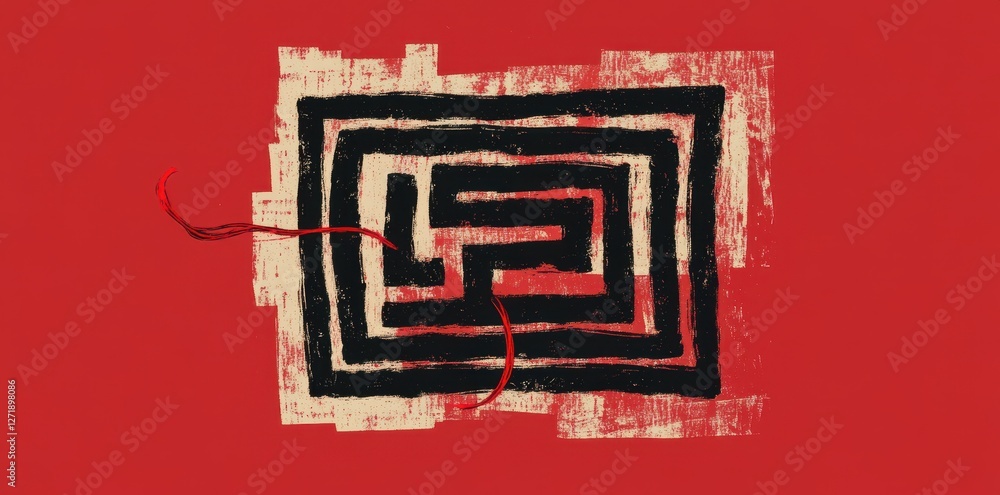 Poster abstract image of a maze with a red thread