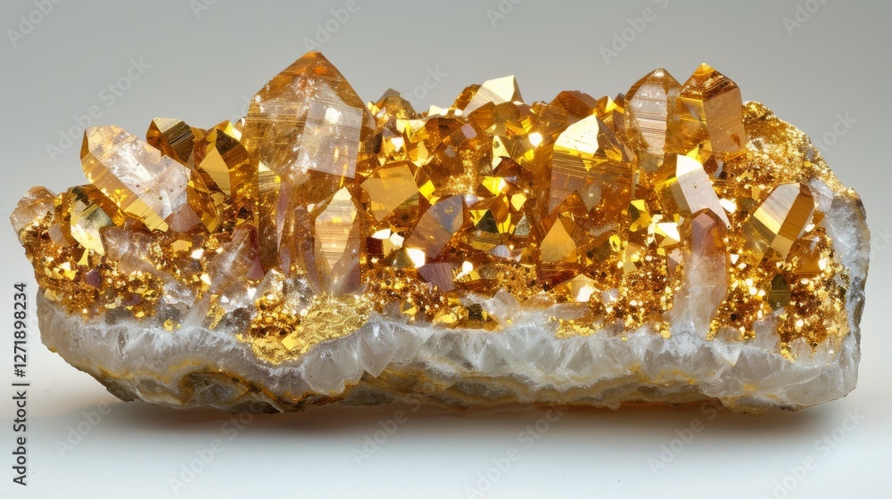 Poster glittering cluster of golden quartz crystals displayed against a neutral backdrop captures the intri