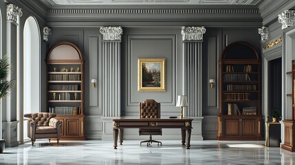 interior of a luxury hotel office 3d render design. luxury classical office interior design. Classical Home Workspace interior decoration design