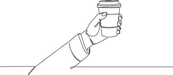 continuous single line drawing of hand holding disposable coffee cup with lid, coffee to go line art vector illustration