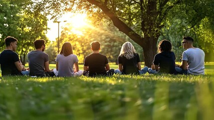 A group of diverse individuals sitting in a circle on a grassy field, their faces softly blurred to symbolize anonymity, with sunlight streaming through nearby trees, evoking warmt