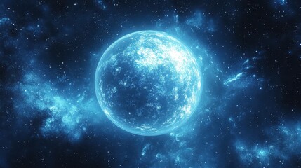 Obraz premium A bright blue planet shines in the vast dark galaxy