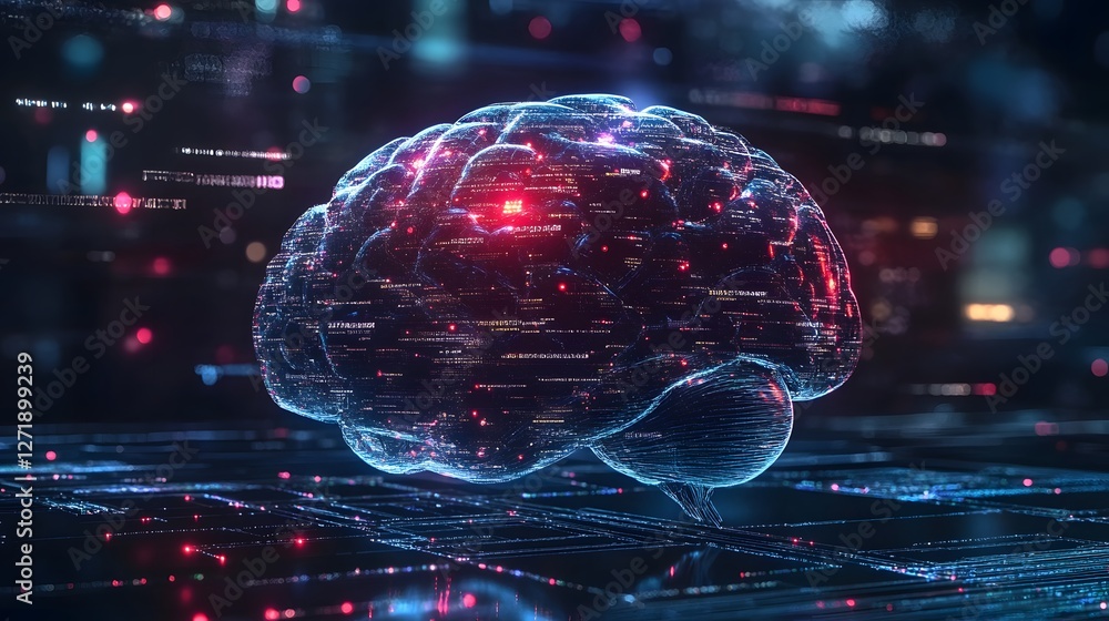 Poster a digital representation of a human brain with colorful neural connections and data flow, symbolizin