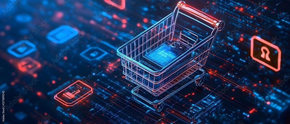 Poster a digital representation of a shopping cart surrounded by futuristic icons and a network of data