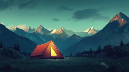 Relaxing camping experience in a serene mountain landscape during twilight hours. Generative AI