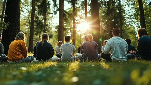 A group of people in casual attire seated in a circle in a forest clearing, the photo blurred to focus on the energy of connection and shared vulnerability under tall trees