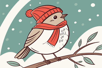 Obraz premium Cute chubby bird, red knit hat, red scarf, snowy background, teal gradient, bokeh snow effect, close-up portrait, realistic texture, adorable expression, winter theme, studio lighting, high detail,