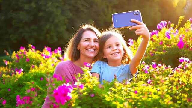 mother and her young child share a delightful moment in a vibrant flower garden. They are taking a selfie, surrounded by blooming flowers in various colors. The warm sunlight filters through the folia