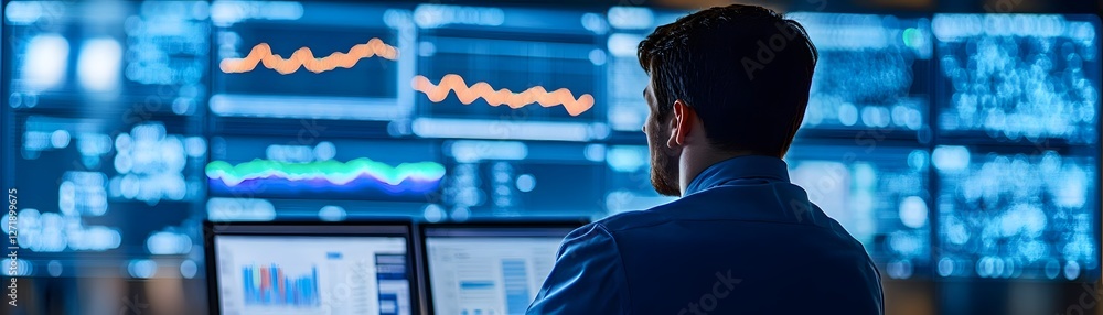 Poster a focused professional analyzing data on multiple screens in a modern office environment