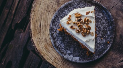 A Slice of Carrot Cake Perfection: Creamy Frosting, Crispy Walnuts, and Rustic Charm