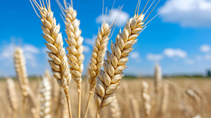 Ripe wheat stalks, sunny field, blue sky, harvest