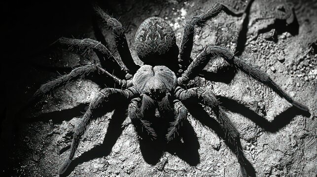 Large spider on dark ground, dramatic lighting