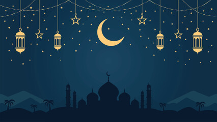 Ramadan and Eid theme design, Islamic background with golden crescent moon. Lanterns. Mosque. Vector illustration