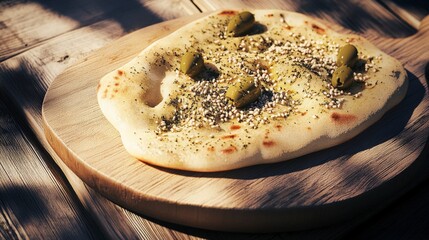 Aromatic Mediterranean Flatbread with Olives and Spices on a Wooden Board