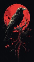 Majestic raven perches on a branch under a crimson moon