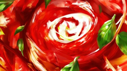 A Stunning Artistic Depiction of Vibrant Tomato Sauce with Fresh Basil Leaves