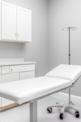 Fototapeta premium Modern Minimalist Medical Room Design Sleek Examination Table and Equipment - Professional Healthcare Setting for Innovative Clinical Efficiency
