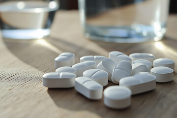 A close-up macro shot of white paracetamol tablets scattered on a wooden surface, with a glass of water in the background, soft natural lighting.