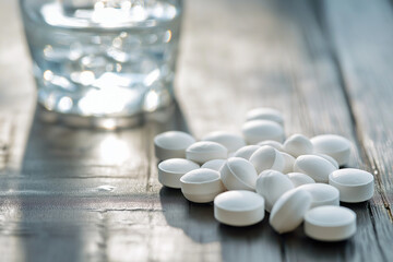A close-up macro shot of white paracetamol tablets scattered on a wooden surface, with a glass of water in the background, soft natural lighting.