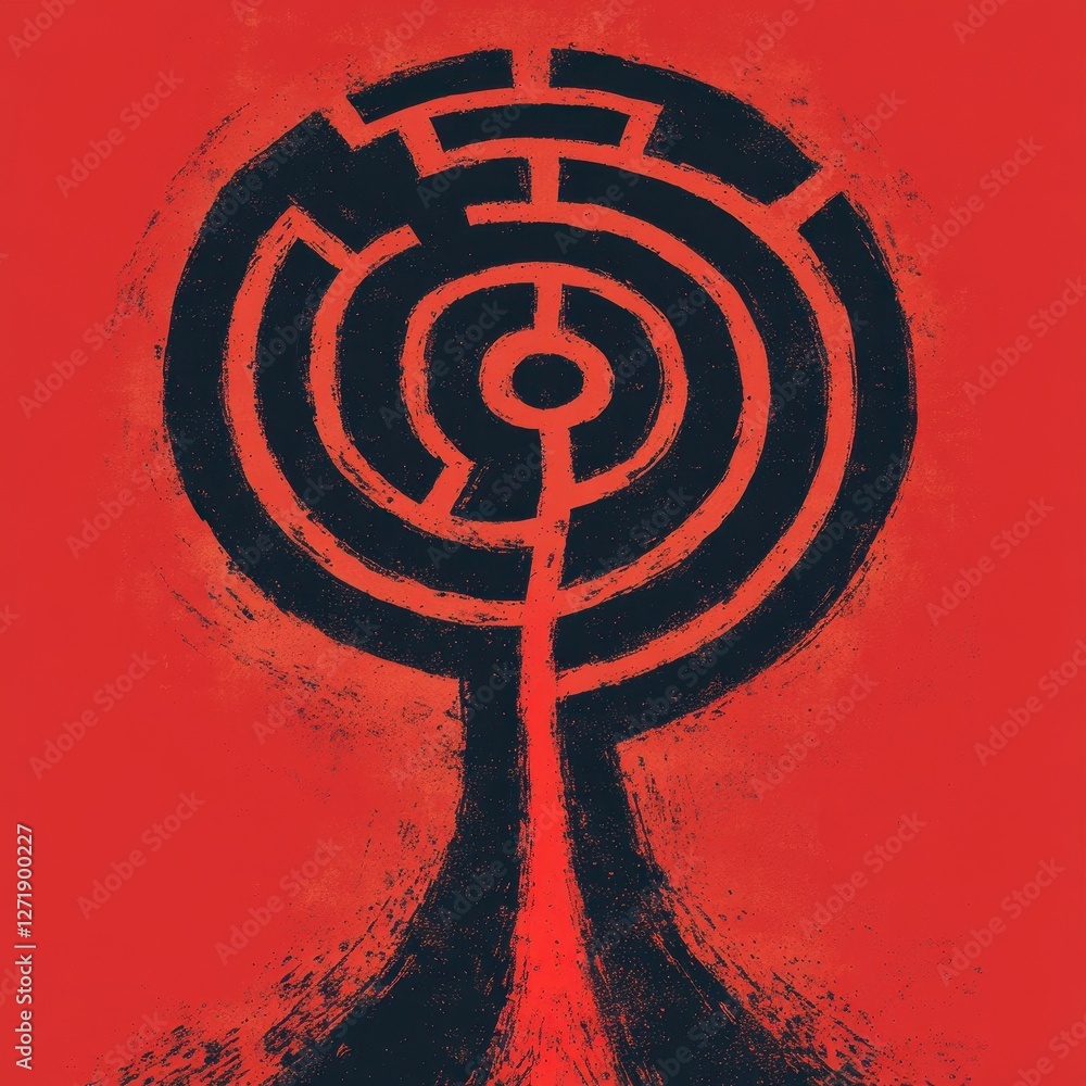 Poster circular maze design with central passage on a red background