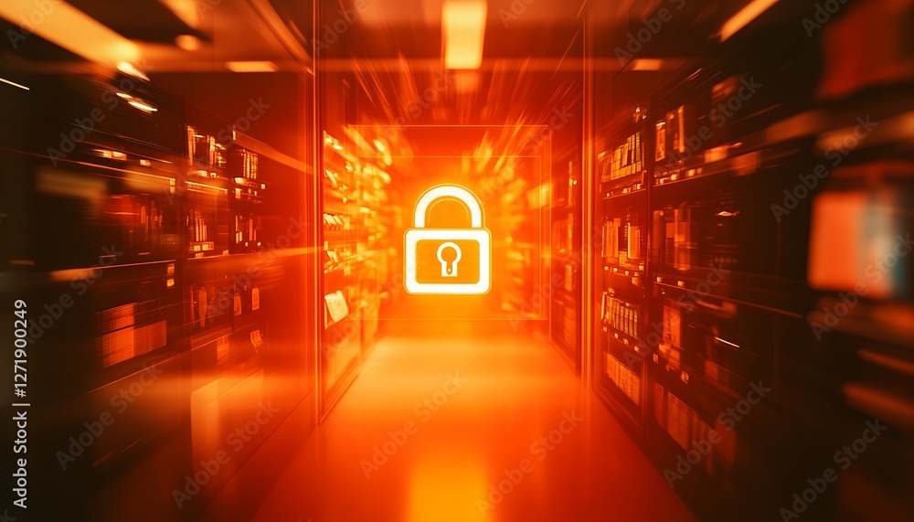 Poster a futuristic secure data corridor illuminated with a glowing lock symbol, representing advanced tech