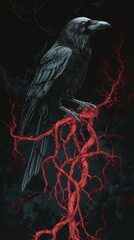 Fototapeta premium Illustration of a raven perched on a tree branch with roots