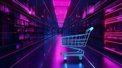 A futuristic shopping cart in a neon-lit aisle, symbolizing digital commerce and modern retail environments.