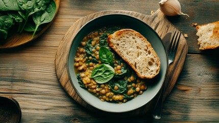 Hearty Lentil Soup with Spinach and Toasted Bread - A Delicious and Healthy Meal