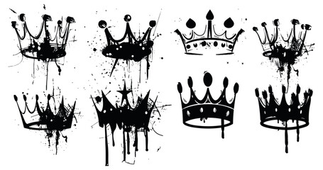 Vector crowns set, graffiti king, queen, prince crown, hand-drawn princess tiara, diadem, royal head accessories, black ink, grunge street art style, isolated on white background © aura studio