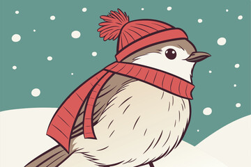  Cute chubby bird, red knit hat, red scarf, snowy background, teal gradient, bokeh snow effect, close-up portrait, realistic texture, adorable expression, winter theme, studio lighting, high detail,