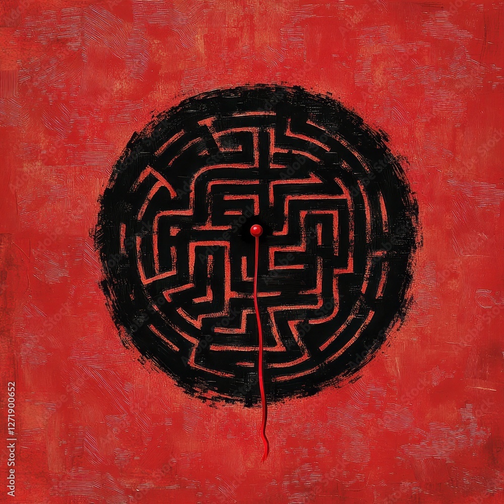 Poster maze with a red string emerging from its center