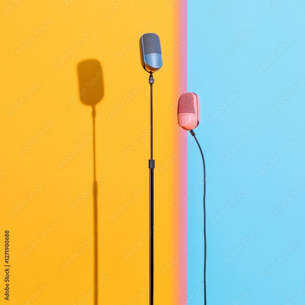 Poster color pop media setup retro microphones on bold pastel backdrop dynamic content creation for modern 