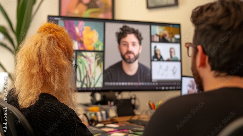 Poster contemporary team collaboration diverse creatives (ages 25-35) engaging in hybrid virtual brainstorm