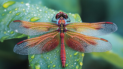 Close-up of dragonfly resting on dew-covered leaf in sunlit greenery, highlighting intricate wing details and nature's beauty.