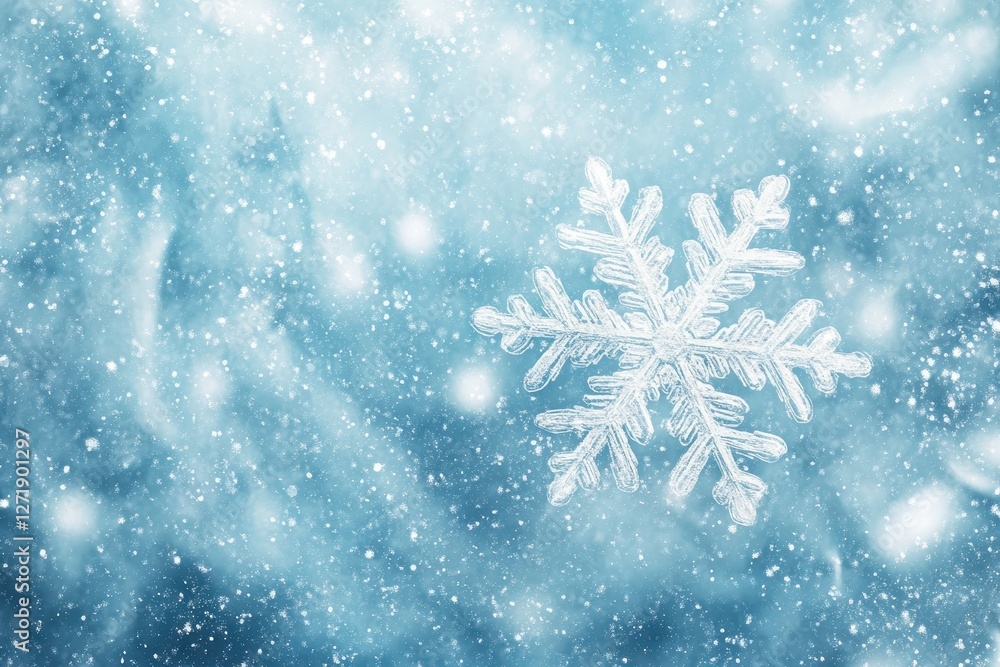 Poster macro shot of a single snowflake falling gently in winter